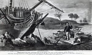 Robinson Crusoe carrying away on his raft the most useful remains of the wreck by English School